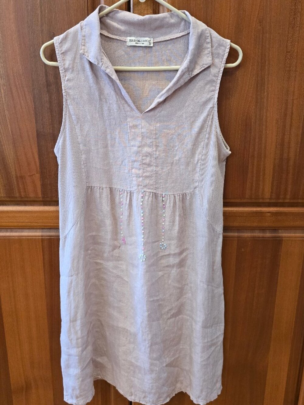 TERZO MILLENIO Linen boho w. beads, Italy beige dress sleeveless